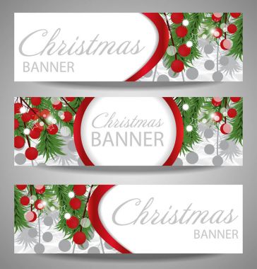 Koleksiyon Noel ve yılbaşı Banner çam dalları ve kırmızı meyveler.