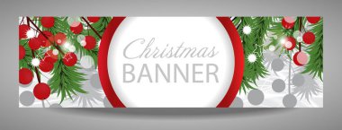 Çam dalları ve kırmızı meyveler ile Noel ve yılbaşı banner. 