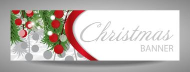 Çam dalları ve kırmızı meyveler ile Noel ve yılbaşı banner. 