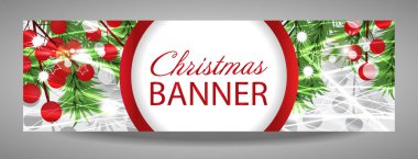 Çam dalları ve kırmızı meyveler ile Noel ve yılbaşı banner. 