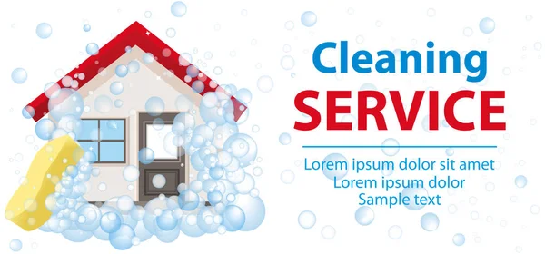 Banner y el cartel de los servicios de limpieza. La casa en espuma sobre un fondo blanco. Vector — Vector de stock