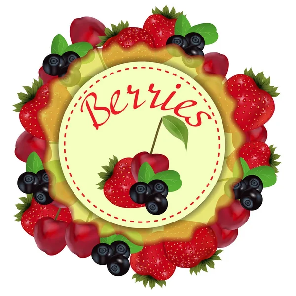 Etiqueta de bayas con fresa, cereza y arándano. Vector — Vector de stock