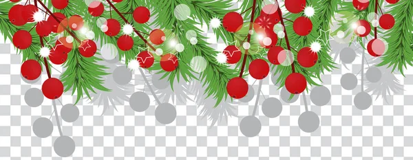 Christmas tree branches with holly berries on a transparent background. Holidays decoration banner. Vector — Stock Vector