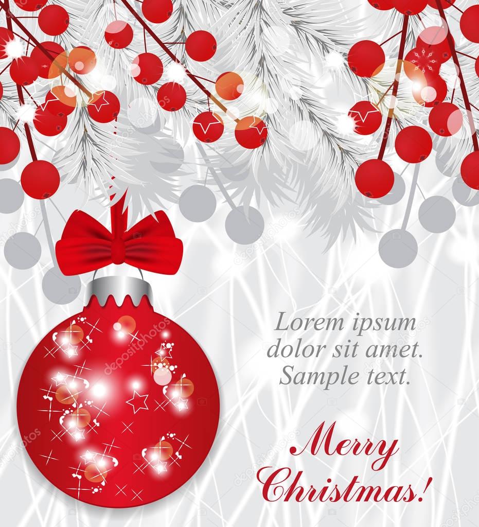 Christmas background with fir white branches and holly berries red bauble with bow. Vector