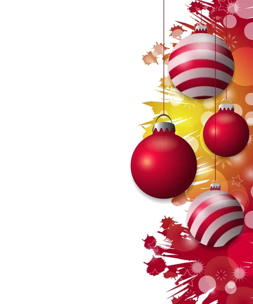 Fundo de Natal vermelho e amarelo brilhante com bugigangas vermelhas penduradas. elementos bolas decorativas para design de férias. Vetor — Vetor de Stock