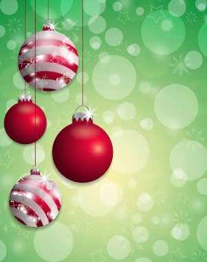 Yeşil Noel arka plan asılı kırmızı baubles ile bokeh. Vektör
