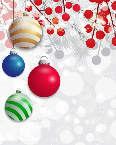 Sfondo natalizio con rami di abete bianco e bacche di agrifoglio e bagattelle colorate. Vettore — Vettoriale Stock