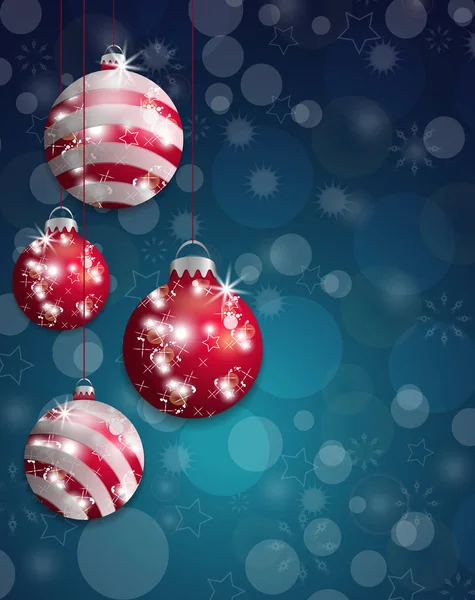 Fondo navideño azul oscuro bokeh con adornos rojos colgados. Vector — Vector de stock