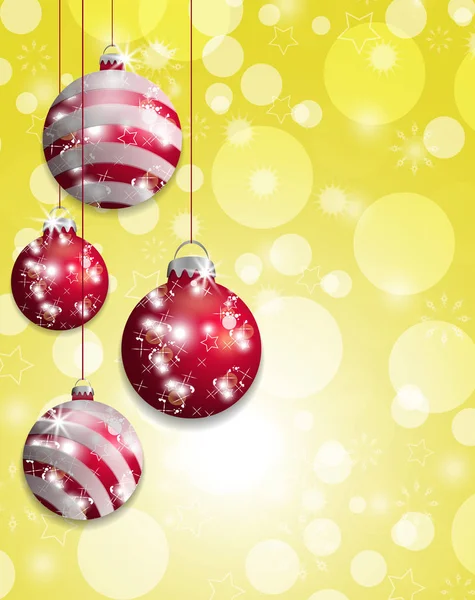 Fondo amarillo navideño bokeh con adornos rojos colgados. Vector — Vector de stock