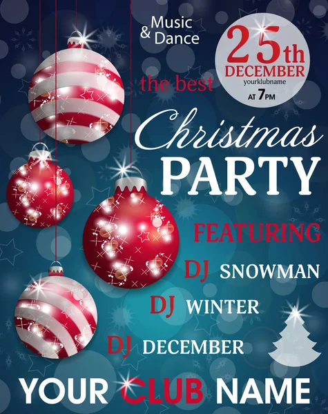 Noel partisi davet şablonu koyu mavi arka plan asılı kırmızı baubles ile. Dekoratif topları öğeleri tatil tasarımı için. Vektör