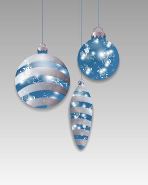 Üç mavi Noel asılı baubles. Dekoratif elemanlar tatil tasarımı için. Vektör