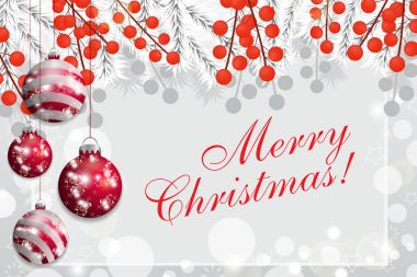 Beyaz çam dalları ve holly ile Noel arka plan asılı kırmızı baubles çilek. Vektör 