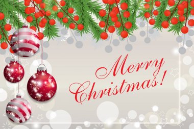 Çam dalları ve holly ile Noel arka plan asılı kırmızı baubles çilek. Vektör 