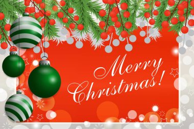 Çam dalları ve holly ile Noel arka plan asılı yeşil baubles çilek. Vektör 