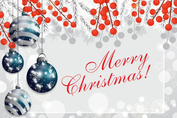 Kerstmis achtergrond met witte spar takken en Hulst bessen hangende blauwe kerstballen. Vector — Stockvector