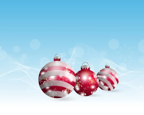 Fundo de Natal azul claro com três bolas de Natal. Bugigangas vermelhas decorativas para design de férias. Vetor — Vetor de Stock