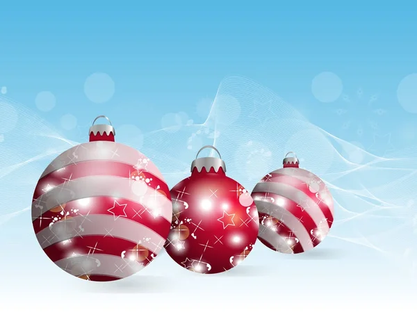 Fundo de Natal azul claro com três bolas de Natal. Bugigangas vermelhas decorativas para design de férias. Vetor — Vetor de Stock
