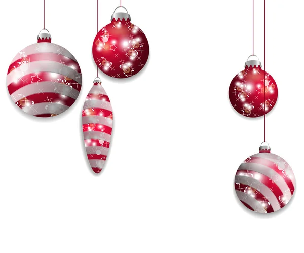 Cinco bolas de Natal vermelhas penduradas. Elementos decorativos isolados em fundo branco para design de férias. Vetor — Vetor de Stock