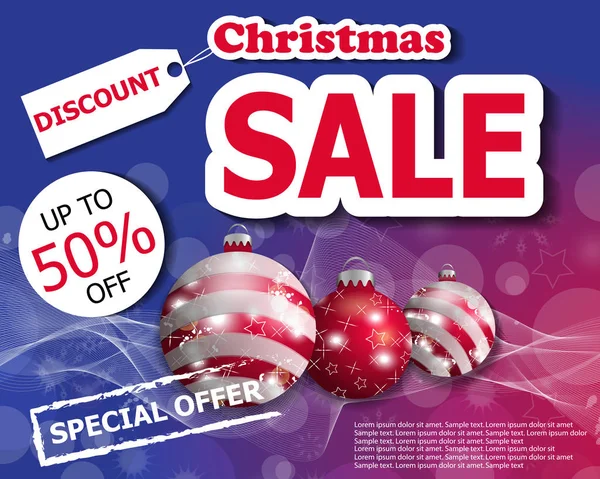 Πολύχρωμα Χριστούγεννα πώληση αφίσας ή πανό με τρεις κόκκινες Χριστουγεννιάτικες μπάλες. Διάνυσμα — Διανυσματικό Αρχείο