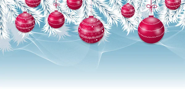 Boże Narodzenie niebieskie tło z gałęzie drzewa białe i czerwone kulki. Wakacje bombki ozdoba transparent. Wektor — Wektor stockowy