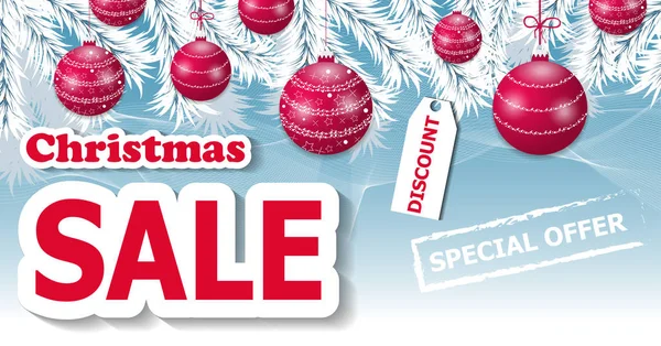 Poster o banner di vendita di Natale con rami bianchi di albero e palline di Natale rosse appese. Vettore — Vettoriale Stock