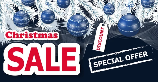 Χριστούγεννα πώληση αφίσας ή πανό με κλαδιά δέντρου λευκά και κρέμονται μπλε Χριστούγεννα μπάλες. Διάνυσμα — Διανυσματικό Αρχείο