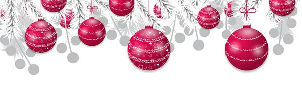 Kırmızı topları ile beyaz Noel ağaç dalları. Tatil baubles dekorasyon afiş. Vektör — Stok Vektör