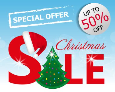 Noel ağacı ve Santa şapka vektör ile mavi arka plan kırmızı Noel satışı büyük başlığı