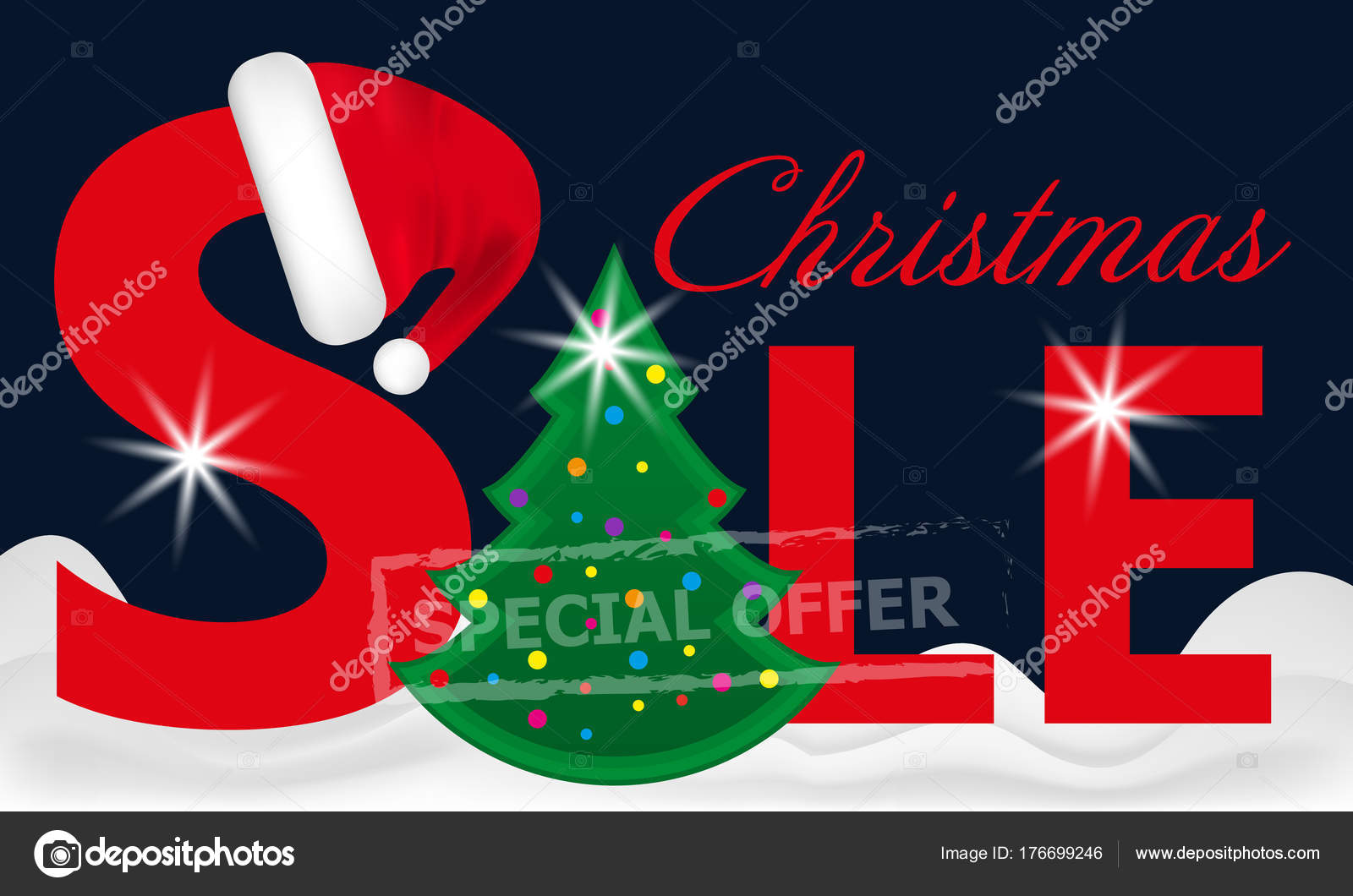 Dark Blue Background Red Christmas Sale Banner With Tree In The Snow And Santa Hat On Letter Vector Illustration By NataliaKarebina Dark Blue Background Red Christmas Sale Banner With Tree In The Snow And Santa Hat On Letter Vector Illustration By NataliaKarebina