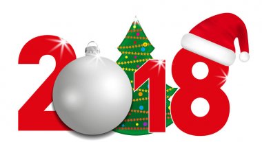 Noel ağacı ve gümüş top ve beyaz bir arka plan üzerinde Noel Baba şapkası ile 2018 yıl numaraları. Yeni yıl ve Noel elemanları tasarımı için. Vektör