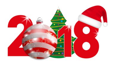 Noel ağacı ve kırmızı topu ve beyaz bir arka plan üzerinde Noel Baba şapkası ile 2018 yıl numaraları. Yeni yıl ve Noel elemanları tasarımı için. Vektör