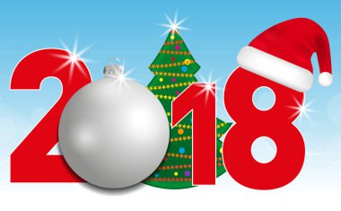 2018 yıl Noel ağacı ve gümüş top ve Santa şapka mavi bir arka plan üzerinde sayılarla. Yeni yıl ve Noel elemanları tasarımı için. Vektör