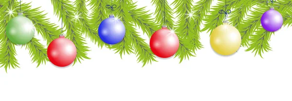 Rami di albero di Natale con palline colorate. Anno nuovo bagattelle decorazione banner. Vettore — Vettoriale Stock