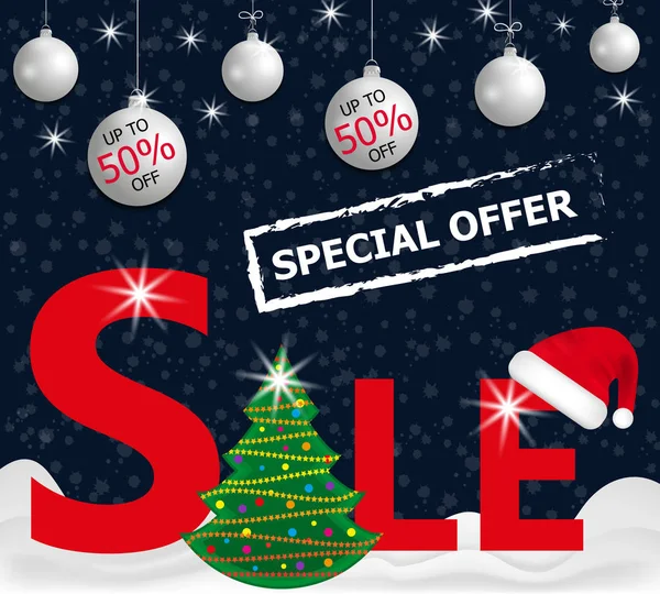 Σκούρο μπλε φόντο κόκκινο Χριστούγεννα πώληση πανό με κρέμονται λευκό μπάλες, χριστουγεννιάτικο δέντρο στο χιόνι και καπέλο Santa στο γράμμα. Διάνυσμα — Διανυσματικό Αρχείο