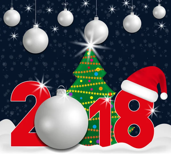 2018 year numbers with Christmas Tree and silver ball and Santa hat on a dark blue background with snow falling. New year and Christmas elements for design. Vector — Stock Vector