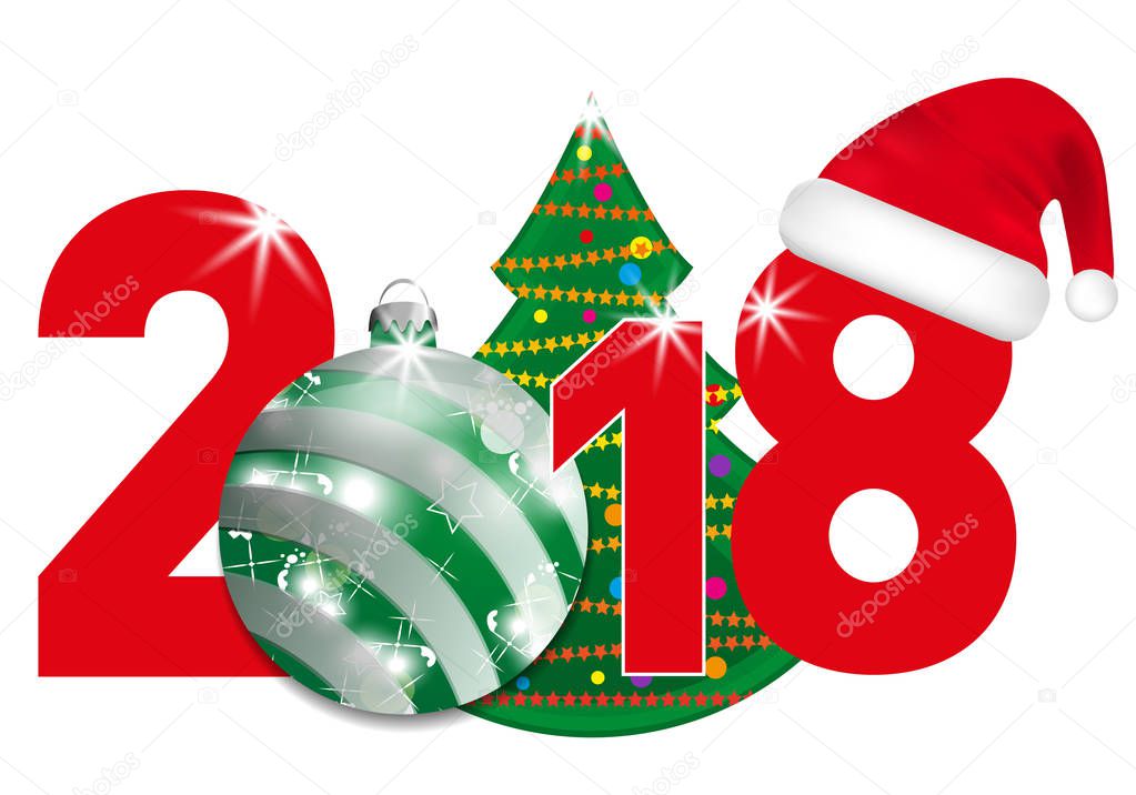2018 year numbers with silver Christmas ball and Santa hat on a blue background. New year and Christmas elements for design. Vector