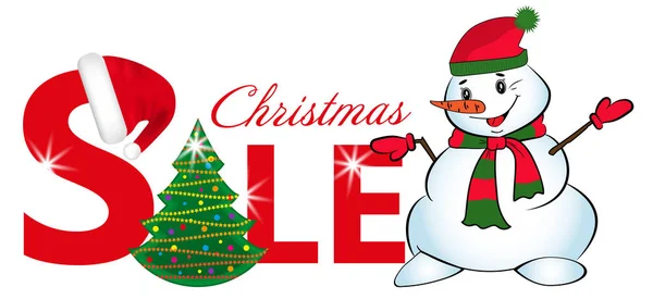 Jel eladó karácsonyfa és hóember onisolated a fehér háttér előtt. Vektor — Stock Vector