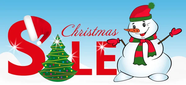 Assine a venda com árvore de Natal e boneco de neve no fundo azul. Vetor — Vetor de Stock