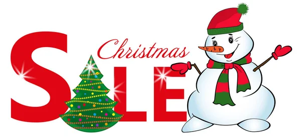 Πώληση, πινακίδα με Χριστουγεννιάτικο δέντρο και χιονάνθρωπος που απομονώνονται σε λευκό φόντο. Διάνυσμα — Διανυσματικό Αρχείο