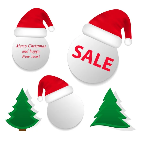 Chapéu Papai Noel no círculo e árvores de Natal. Definir decorações de Natal. Vetor —  Vetores de Stock