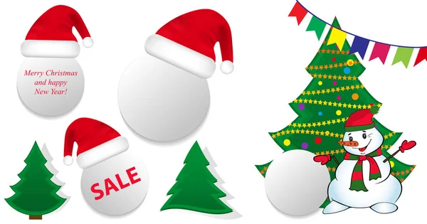 Chapéu Papai Noel no círculo e árvores de Natal e boneco de neve. Definir decorações de Natal. Vetor — Vetor de Stock