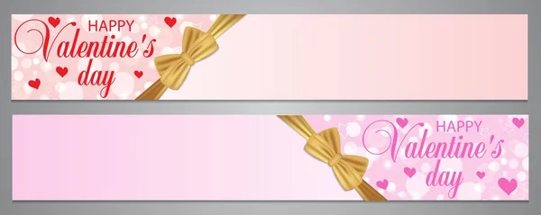 Design banner vacanza sfondo con cuori e fiocco nastro d'oro per San Valentino, ecc Vettore — Vettoriale Stock
