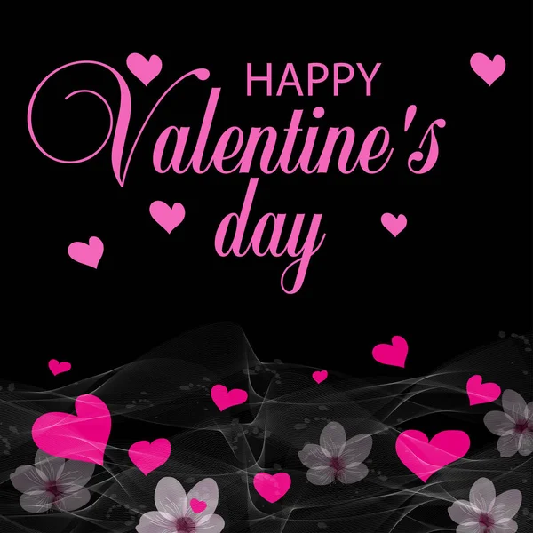 핑크 하트와 꽃으로 검은 휴일 배경입니다. 포스터, 카드 또는 배너 디자인. 발렌타인 데이 등 벡터 — 스톡 벡터