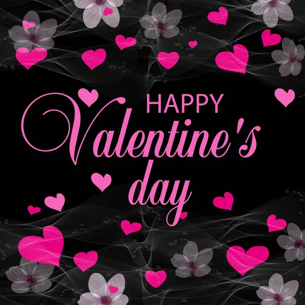 黒の休日の背景にピンクの心、花。ポスター、カードまたはバナーをデザインします。バレンタインの日など。ベクトル — ストックベクタ