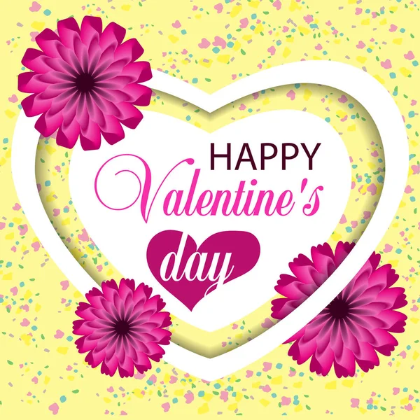 Gyönyörű sárga háttér Valentin nap szív és papír virágok és konfetti. Vektor — Stock Vector