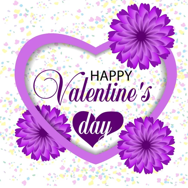 Gyönyörű fehér háttér Valentin-nap, lila szív és papír lila virágok és konfetti. Vektor — Stock Vector