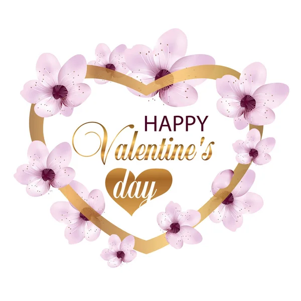 Goldenes Herz mit schönen Blumen. Dekoration für Plakate, Banner oder Karten Valentinstag. Vektor — Stockvektor