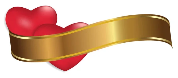 Дві червоні серця з Золотий стрічкою, ізольовані на білому тлі. Прикраси для закоханих і дню інших свят. Вектор — стоковий вектор