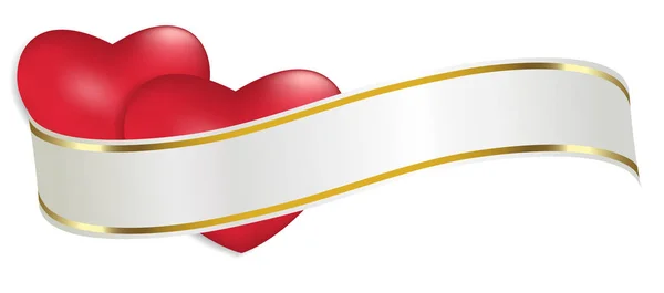 Due cuori rossi con nastro bianco e dorato isolato su sfondo bianco. Decorazione per San Valentino e altre festività. Vettore — Vettoriale Stock
