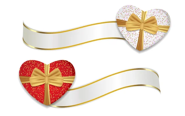 Rote und weiße herzförmige Schachteln mit Schleifen und goldenen Schleifen. Dekoration für den Valentinstag und andere Feiertage. Vektor — Stockvektor